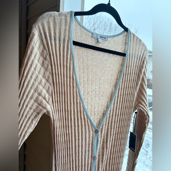 🆕 SWTR Ribbed Knit Long Cardigan Dress Beige Blue Trim Button Front Size M NWT - Picture 7 of 16